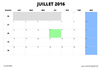 calendrier juillet 2016 au format paysage