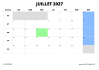 calendrier juillet 2027 au format paysage