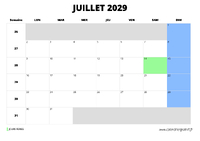 calendrier juillet 2029 au format paysage