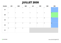 calendrier juillet 2030 au format paysage