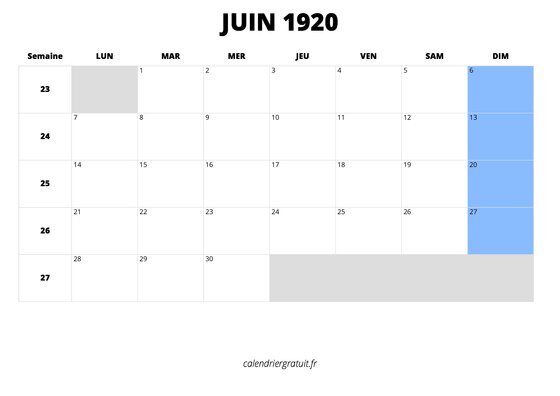 calendrier juin 1920 au format paysage