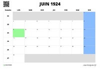 calendrier juin 1924 calendrier juin 1924 au format paysage