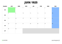calendrier juin 1925 au format paysage