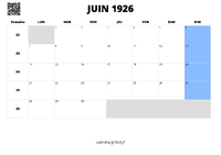 calendrier juin 1926 calendrier juin 1926 au format paysage