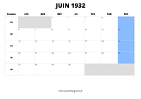 calendrier juin 1932 au format paysage