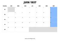calendrier juin 1937 au format paysage