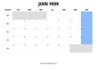 calendrier juin 1939 au format paysage