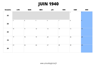 calendrier juin 1940 au format paysage