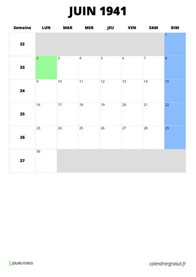 calendrier juin 1941 format portrait