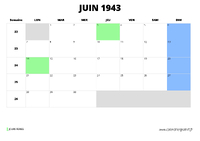 calendrier juin 1943 au format paysage