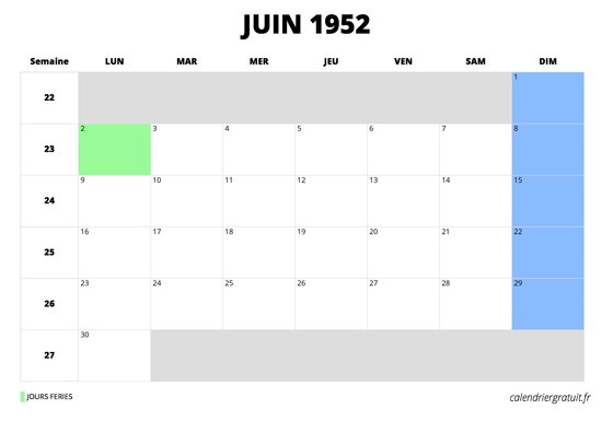 calendrier juin 1952 calendrier juin 1952 au format paysage