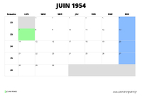 calendrier juin 1954 au format paysage