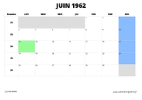 calendrier juin 1962 au format paysage