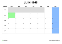 calendrier juin 1963 au format paysage