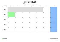 calendrier juin 1963 au format paysage