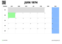 calendrier juin 1974 au format paysage