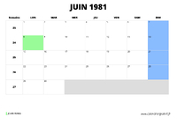 calendrier juin 1981 au format paysage