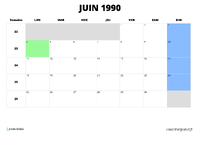 calendrier juin 1990 au format paysage
