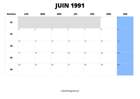 calendrier juin 1991 calendrier juin 1991 au format paysage