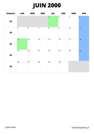 calendrier juin 2000 format portrait