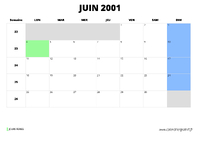 calendrier juin 2001 au format paysage