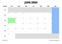 calendrier juin 2003 au format paysage