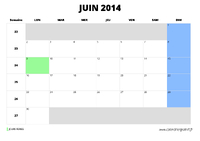 calendrier juin 2014 au format paysage