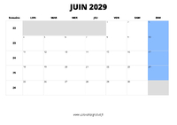 calendrier juin 2029 au format paysage