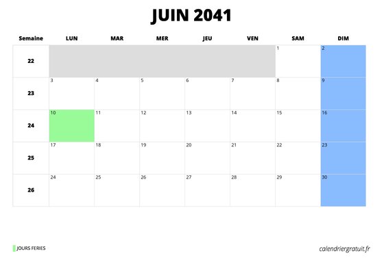 calendrier juin 2041 au format paysage