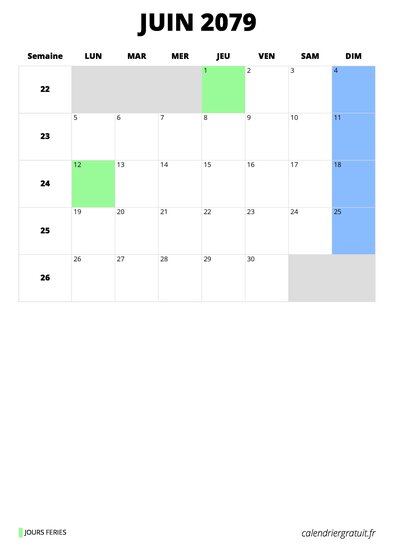 calendrier juin 2079 format portrait