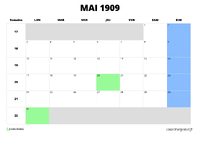 calendrier mai 1909 calendrier mai 1909 au format paysage