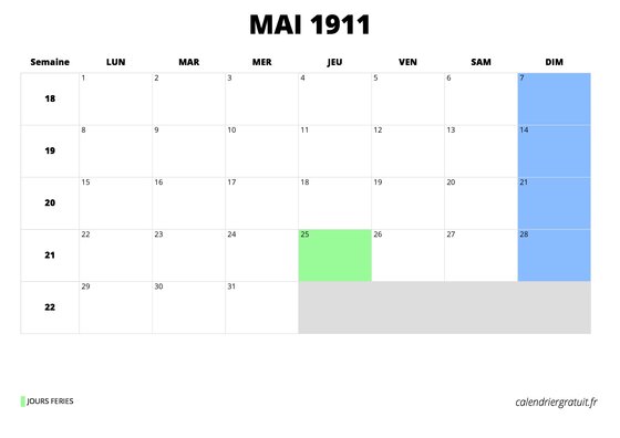 calendrier mai 1911 au format paysage