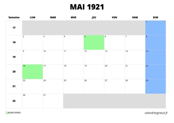 calendrier mai 1921 au format paysage
