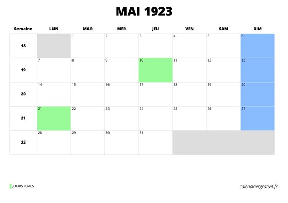 calendrier mai 1923 calendrier mai 1923 au format paysage