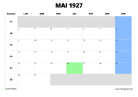 calendrier mai 1927 au format paysage