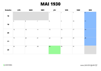 calendrier mai 1930 au format paysage