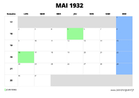 calendrier mai 1932 au format paysage