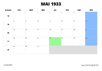 calendrier mai 1933 au format paysage