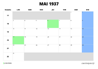 calendrier mai 1937 au format paysage