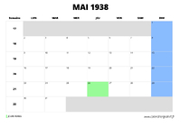 calendrier mai 1938 au format paysage