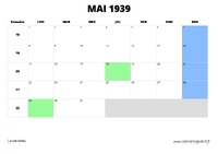 calendrier mai 1939 au format paysage