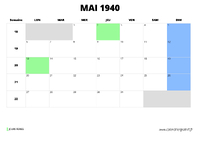 calendrier mai 1940 au format paysage