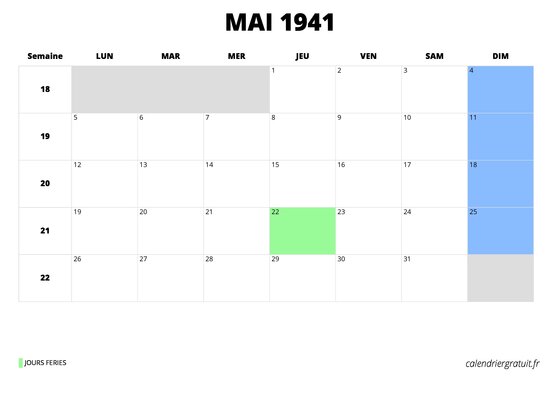 calendrier mai 1941 calendrier mai 1941 au format paysage