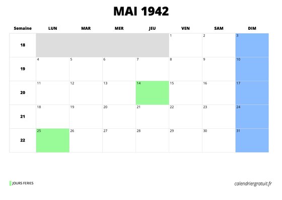 calendrier mai 1942 au format paysage