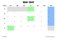 calendrier mai 1947 au format paysage