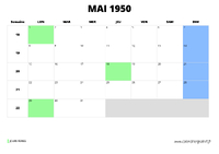 calendrier mai 1950 au format paysage