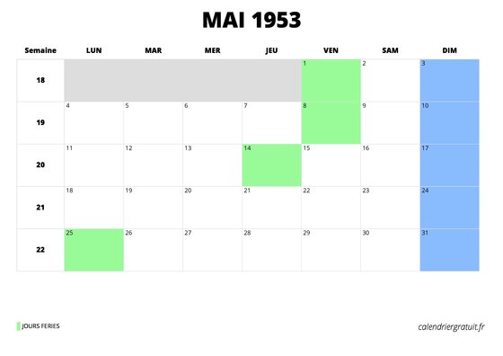 calendrier mai 1953 au format paysage