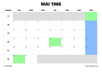 calendrier mai 1966 au format paysage