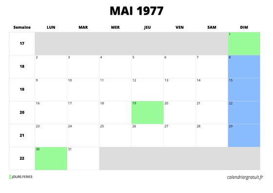 calendrier mai 1977 au format paysage