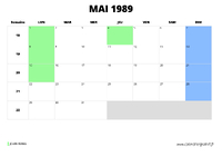 calendrier mai 1989 au format paysage